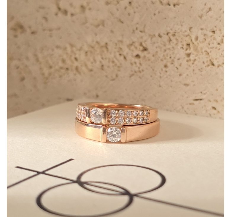 Nhẫn 1h Đai Trơn Hồng + Nhẫn 1h 2 Hàng Tấm Hồng Italy